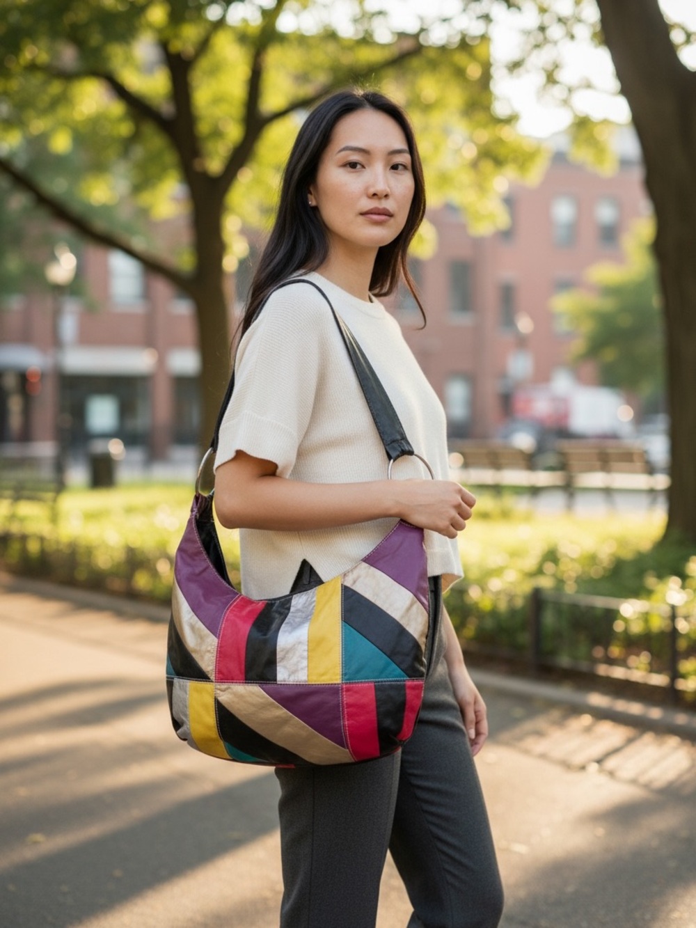 Y2K Multi-Color Patchwork Leather Hobo Bag